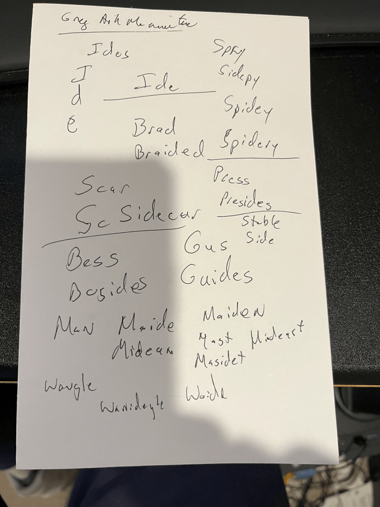 Paper with words scribbled on it from puzzle solving.